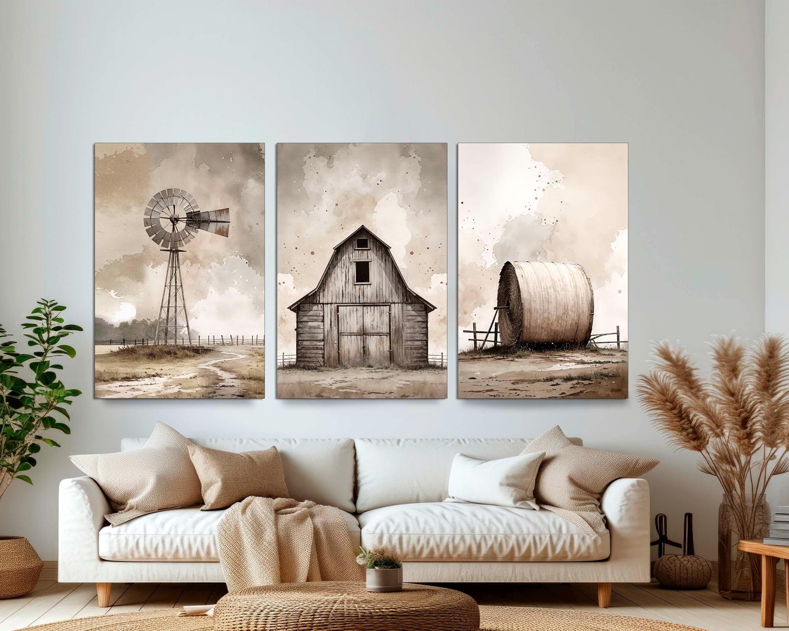 Farmhouse Canvas Print Set, Rustic Windmill, Barn, Hay Bale, Ready to ...