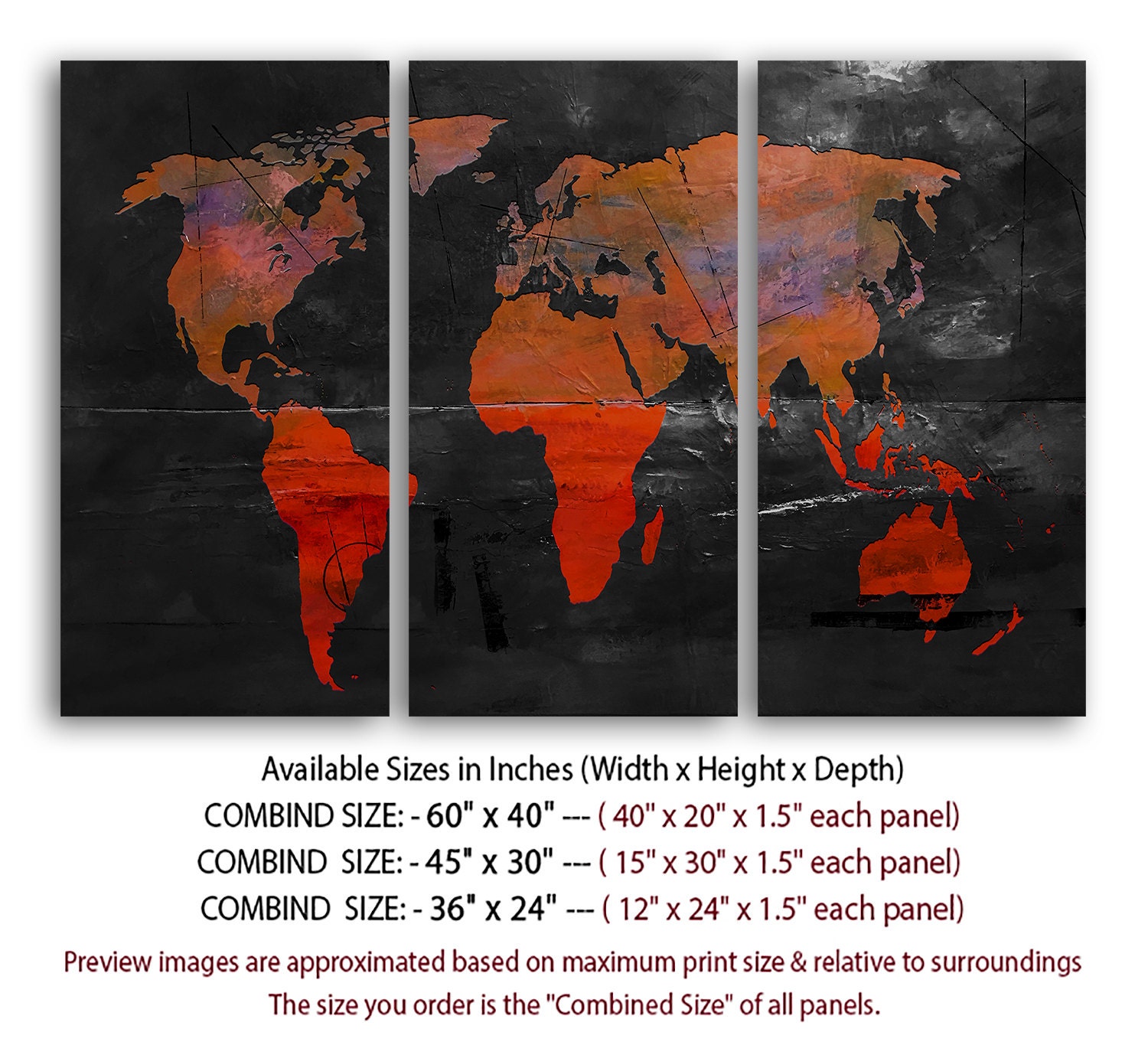 3 Panel Split Abstract World Map Canvas Print, Abstract Map (1.5" Deep ...