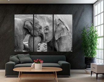 Elephant Canvas Print, Mother and Baby, 3-Panel Wall Art