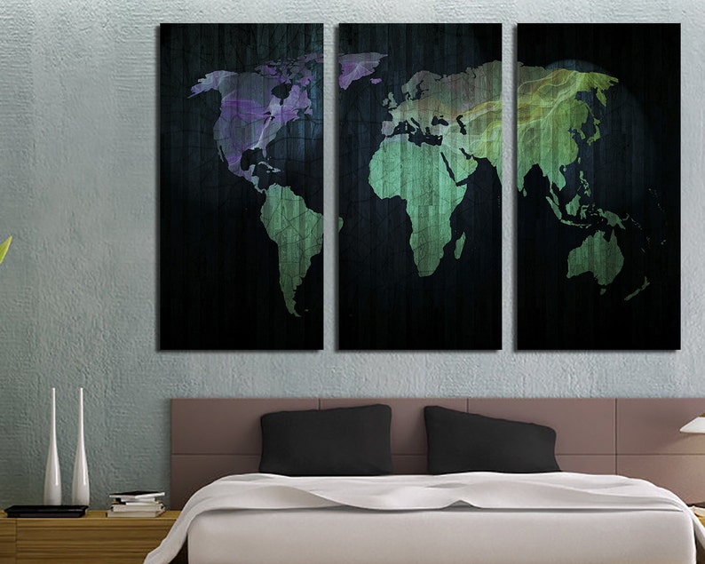 Art for homeoffice wall decor /& interior design. 3 Panel Split Abstract World Map Canvas Print,1.5 deep frames,Triptych