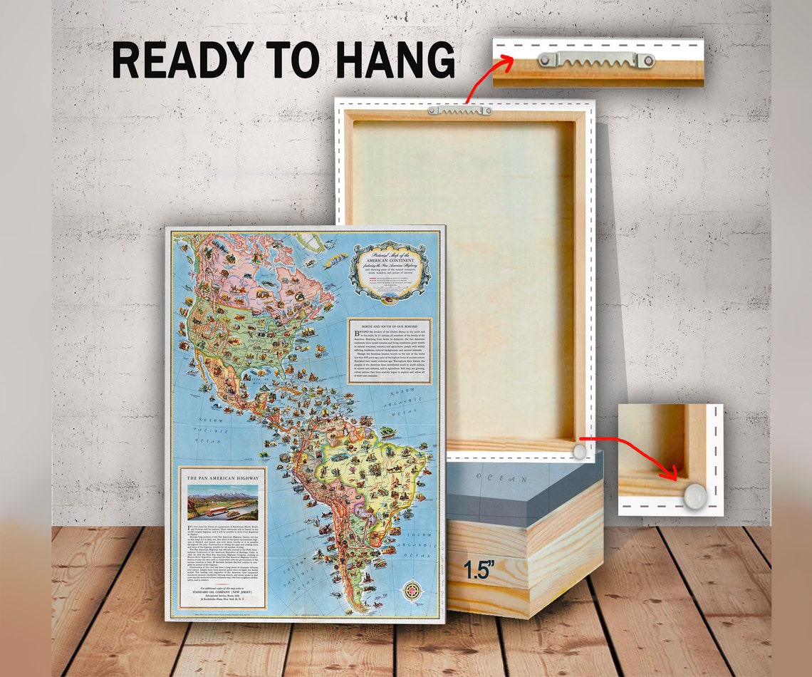 Pan Map Vintage Pan American Highway Map of the Americas, Ready to Hang Canvas ...