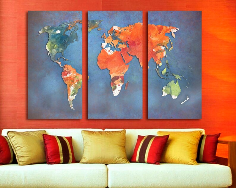 3 Panel Split Abstract World Map Canvas Print1.5 deep | Etsy