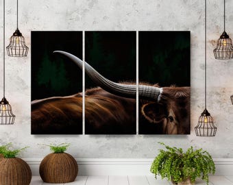 Texas Longhorn Cow Canvas, 3-Panel Framed Wild West Art