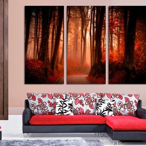 Red Autumn Forest Canvas Print, 3 Panel Nature Wall Art image 4