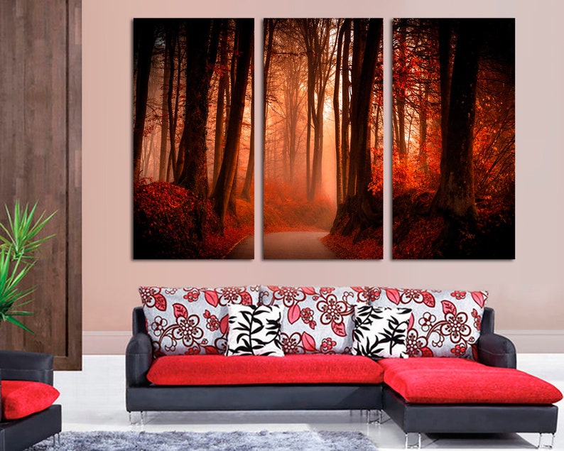 Red Autumn Forest Canvas Print, 3 Panel Nature Wall Art image 4