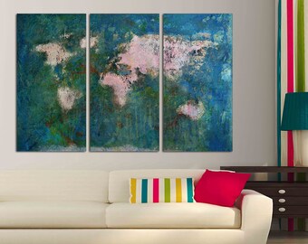 Copper Blue World Map Canvas Print, 3 Panel Split, world map art, wall art, Map wall art, Map canvas, world map canvas, Copper Blue wall art