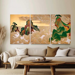 Waves at Matsushima by Ogata Korin Japanese Art Edo Period 3-Panel Large Canvas Wall Art, Asian Art for Home, Restaurant Art Ready to Hang.