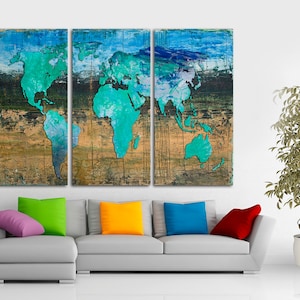 3 Panel Split triptych Abstract World Map Canvas Print. | Etsy