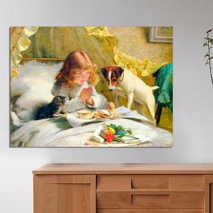 Charles Burton Barber, Suspense Art, Girl, Cat and Dog Praying, Terrier Dog Art, Childs Room Decor, Pets in Art, CANVAS Print Ready to Hang