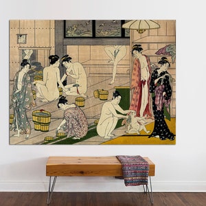 Kiyonaga bathhouse women, Japanese Wall Art, Japanese Art Print, Torii Kiyonaga Art Canvas, Kiyonaga Wall Art Canvas, CANVAS Ready to Hang.