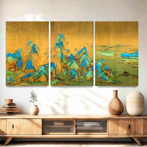 Chinese Dynasty Shan Shui 3-Panel Canvas Art Antique Asian Landscape Painting, Mountains & Rivers Wall Decor Japanese Wall Art Ready to Hang