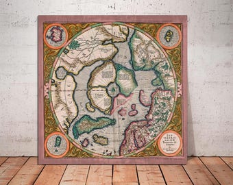 Antique North Pole Map Art, Gerardus Mercator Globe, Canvas Print