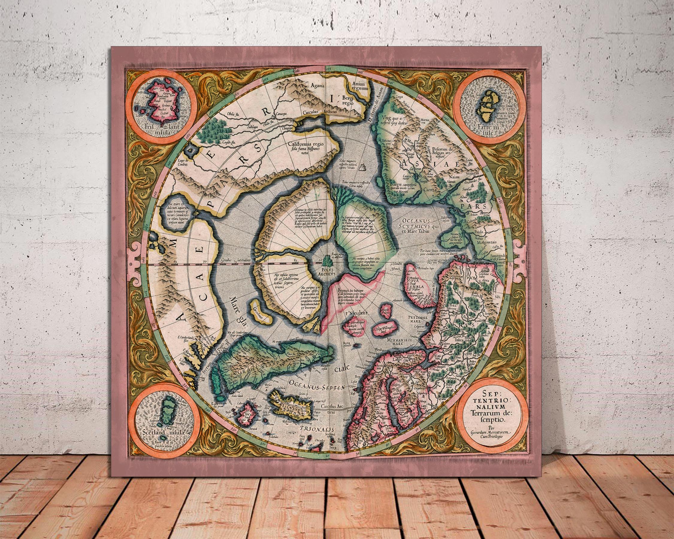 額装品　西洋古地図　17世紀　G.MERCATOR 「Waldeck」美品 Antique North Pole Map Art, Gerardus Mercator Globe, Canvas Print