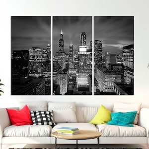 3-Panel Canvas, Chicago Skyline Large Wall Art, Chicago at Night Canvas, Downtown Chicago Print, Modern Chicago Art on CANVAS Ready to Hang.