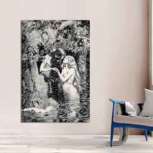 Mermaid & Fairy Kissing, Antique Mermaid Art on Canvas, Dark Academia Art Aesthetic Art, Victorian Art Lesbian Art, CANVAS Art Ready to Hang