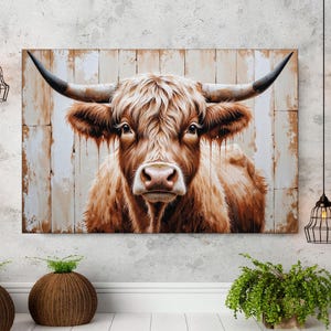 Highland Cow Painting Canvas Print Farmhouse Art Cattle Wooden Background Country Wall Art Cow Print Rustic Wall Art Extra Large Canvas Art