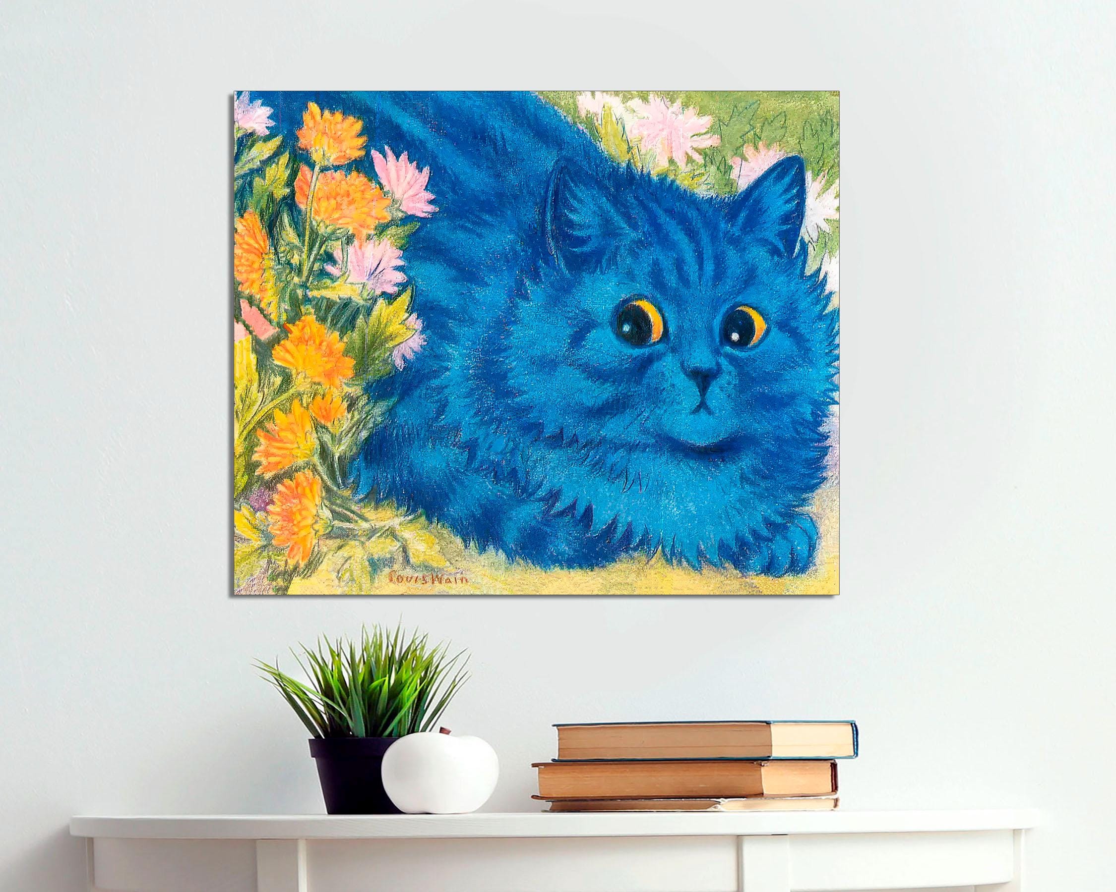 Louis Wain Blue Cat and Marigolds Canvas Print, Kitten Art - Etsy