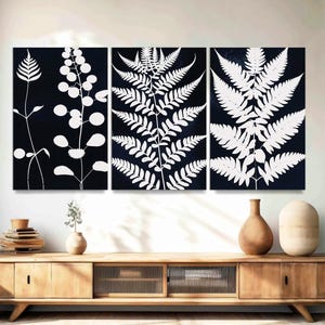 Black and White Botanical Wall Art, Set of 3, Boho Floral Canvas Prints, Minimal Leaves Farmhouse Decor, Modern Home Design, Ready to Hang.