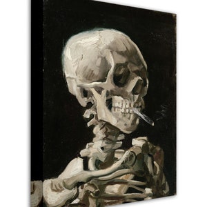May include: A painting of a human skeleton with a cigarette in its mouth. The skeleton is painted in a realistic style, with visible bones and a skull with a detailed face. The background is a dark black.