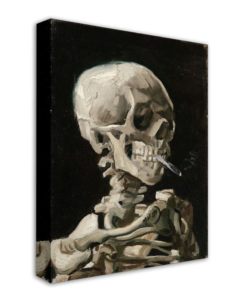 May include: A painting of a human skeleton with a cigarette in its mouth. The skeleton is painted in a realistic style, with visible bones and a skull with a detailed face. The background is a dark black.