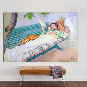 Fine Art Print by Carl Larsson of Woman Lying on a Bench, with Dog and Cat, Vintage Woman Art on Canvas, Swedish Woman, CANVAS READY To HANG