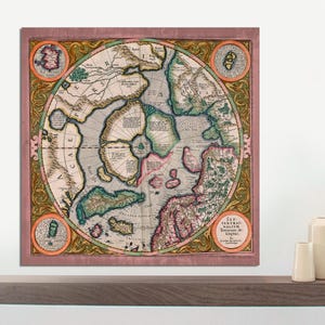 Antique Map Art, First North Pole Map Art, Septentrionalium Terrarum Gerardus Mercator, Globe Map Print Reproduction on CANVAS Ready to Hang