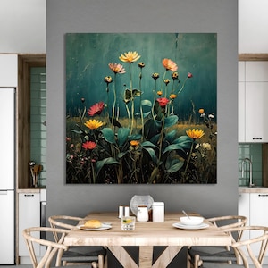 Wildflower Field Framed Wall Art, Vintage Botanical Landscape Sign, Floral Decor, Modern Farmhouse Canvas Art, Field Of Flowers Canvas Print
