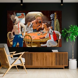 Cartoon Animal, Dog Playing Poker, Poker Art, Game Room Wall Art, Canvas Print Modern Home Art, Entertainment Room Art CANVAS Ready to Hang.