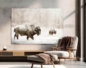 Bison Landscape Canvas Print, Wildlife Realism, Farmhouse Wall Decor