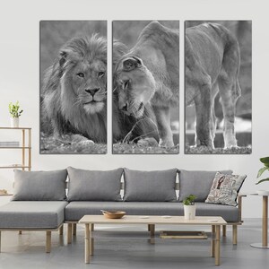 3 Panel Canvas Split, Black and white lion, lioness, canvas art, Giclee print ,Interior design, Room Decoration, Photo gift, wall art