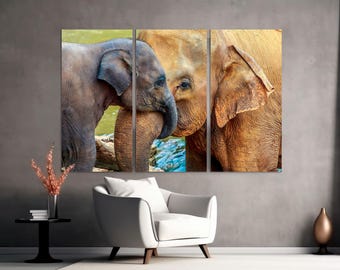 Elephant Canvas Print, Baby and Mom Art, 3-Panel Ready to Hang