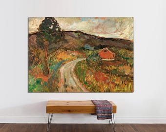 Pintura de paisaje vintage de Arnulf Overland, lienzo rústico de cabaña