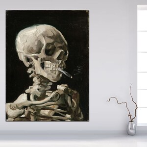 May include: A painting of a human skeleton with a cigarette in its mouth. The skull is facing to the right and the skeleton is sitting with its arms crossed. The background is black.