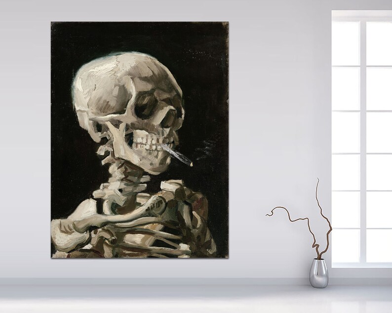 May include: A painting of a human skeleton with a cigarette in its mouth. The skull is facing to the right and the skeleton is sitting with its arms crossed. The background is black.