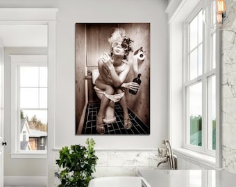 Funny Toilet Girl Canvas Print, Humorous Bathroom Wall Art