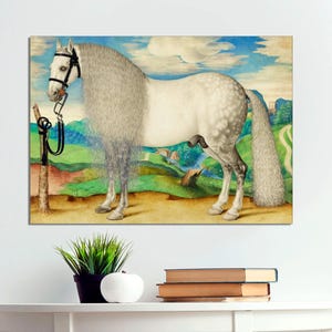 A Dappled Gray Stallion Tethered in a Landscape, Horse Wall Art, Horse Artwork,Vintage Horse Art, Gray Horse Art, CANVAS Print Ready to Hang