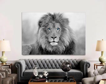 Blue Eyed Lion, Black and White Canvas Print, Large Wall Art