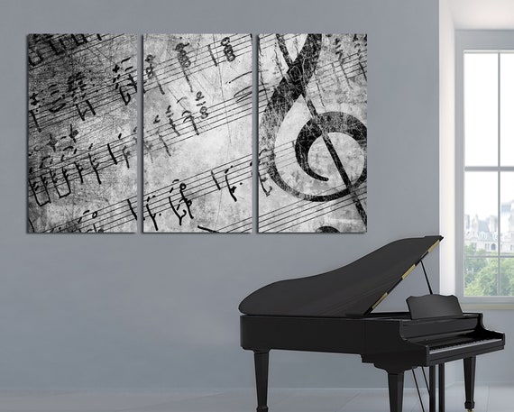 Split Music Notes Canvas Print, Triptych Wall Art, Modern Office