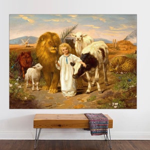 Lienzo con impresión artística de Jesús, listo para colgar, Paz de William Strutt, pintura cristiana vintage, León y cordero, Un niño pequeño los guiará.