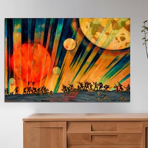 May include: A painting of a group of people walking across a landscape with a large orange sun and several smaller planets in the sky. The sky is a mix of orange, yellow, and blue.