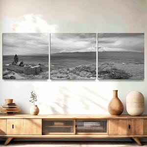 Armenia Wall Art 3-Panel Canvas Split, Mount Ararat & Khor Virap Monastery Armenian Culture Wall Art Black White Panoramic Art Ready to Hang