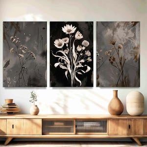 Framed Canvas Print Wall Art Set of 3 Dark Dried Wildflower Floral Botanical Illustrations Minimalist Art Set Modern Farmhouse Wall Decor