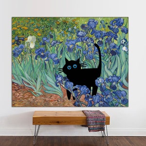 Vincent Van Gogh Style Irises Cat Print, Van Gogh Cat Poster, Black Cat Art, Floral Print, Funny Cat print, Funny gift, Canvas Ready to Hang