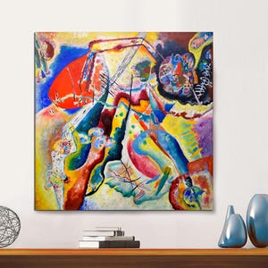 May include: Abstract painting with vibrant colors, including red, blue, yellow, and green. The painting features geometric shapes and lines, creating a dynamic and energetic composition.