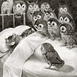 May include: A black and white illustration of a cat having a nightmare with a group of owls surrounding the bed. The caption reads "Cats Nightmare".