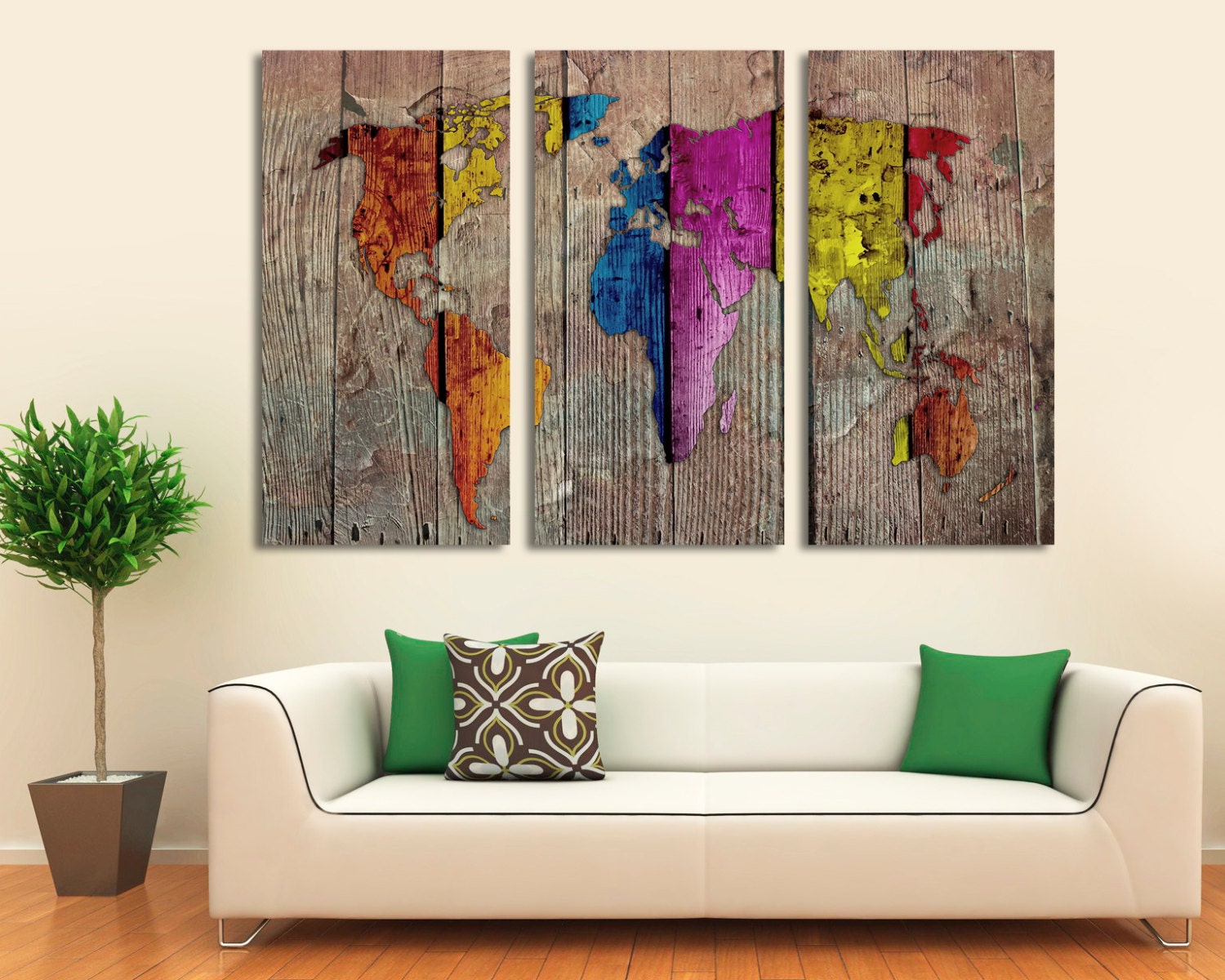 Abstract World Map Canvas Print, Wood Texture, 3 Panel Split - Etsy