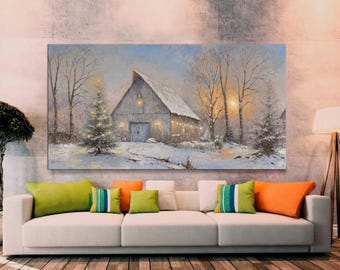 Impresión en lienzo de un granero navideño rústico, arte mural de invierno con una granja nevada