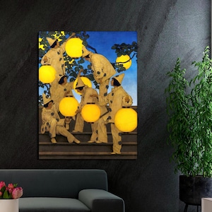 May include: A painting of a group of people wearing white costumes and holding yellow lanterns. The people are standing on a set of stairs against a blue sky background with trees and more lanterns.