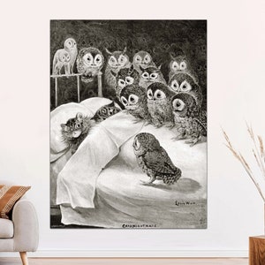 May include: A black and white illustration of a cat having a nightmare with a group of owls surrounding the bed. The text "CATS NIGHTMARE" is at the bottom of the image.