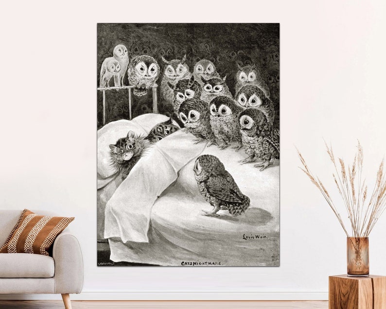 May include: A black and white illustration of a cat having a nightmare with a group of owls surrounding the bed. The text "CATS NIGHTMARE" is at the bottom of the image.